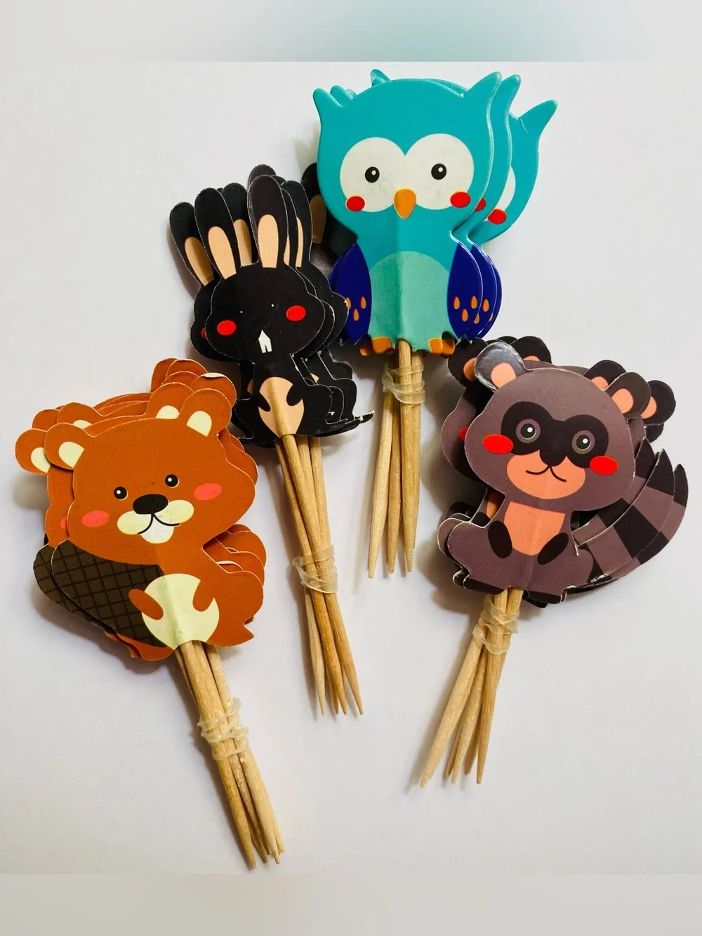 64 Woodland Animal Cupcake Toppers - Owl, Raccoon, Rabbit Party Picks